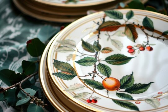 Elegant decorative plates featuring botanical designs with fruits and leaves arranged on an ornate table setting