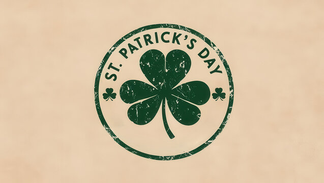 Vintage distressed St. Patrick Day clover stamp design with circular layout on beige background - Powered by Adobe