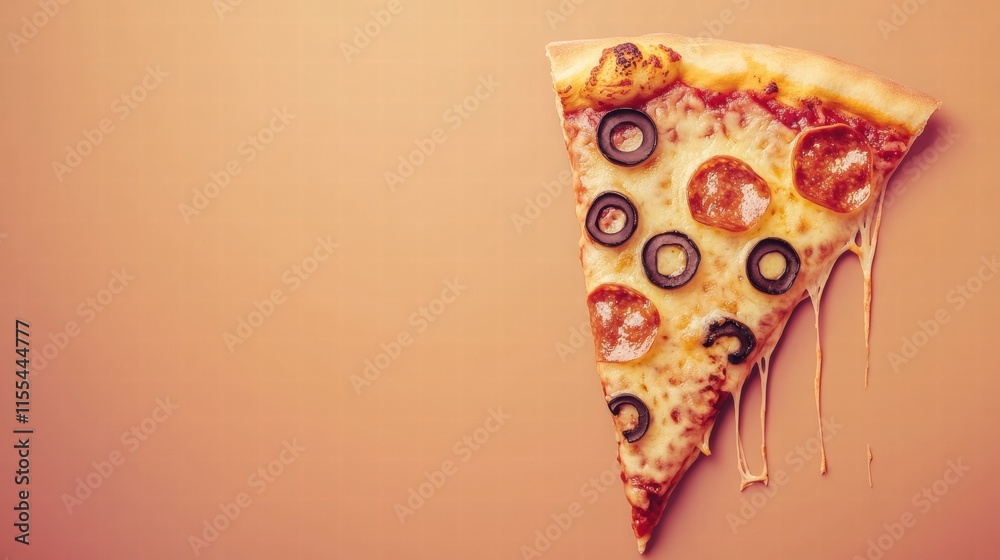 Poster delicious pizza slice with stylized toppings and cheese drips on a minimalist background. generative