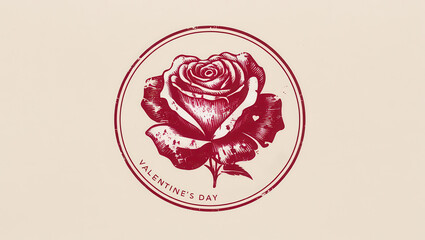 Vintage style red rose illustration in circular stamp design with Valentine Day text on beige background