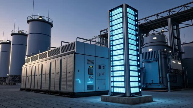 A glowing fuel cell stack inside a futuristic energy system emitting clean power with minimal emissions.