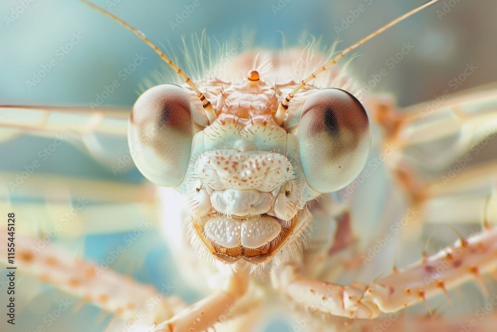 Poster detailed close-up of a grasshopper revealing its intricate facial features and large eyes against a 