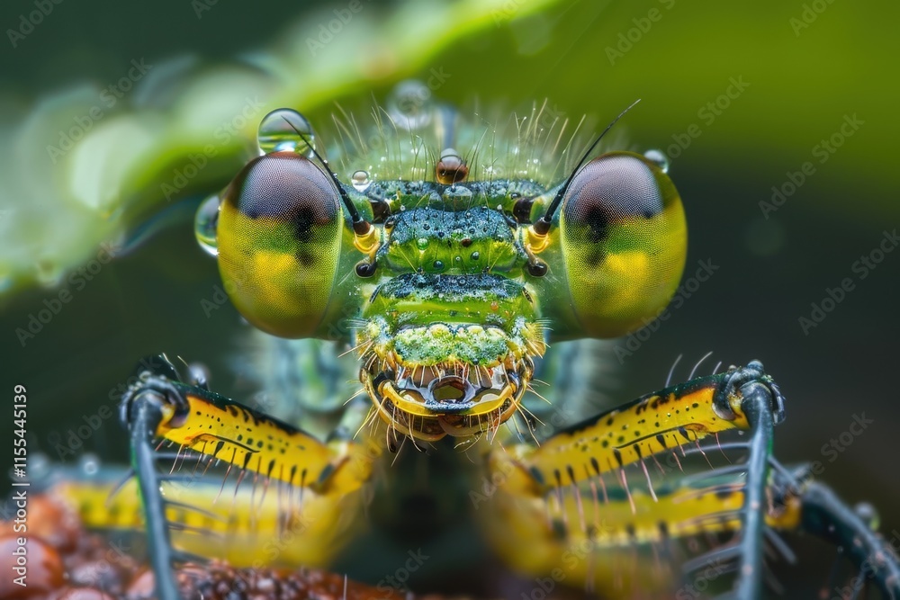 Poster detailed close-up of a grasshopper revealing its intricate facial features and large eyes against a 