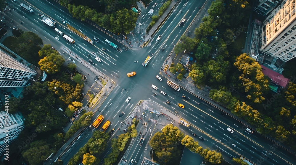 Aufkleber aerial view of a bustling city intersection surrounded by lush greenery and highrise buildings : gen