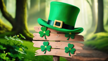 green leprechaun hat rests on wooden sign adorned with shamrocks in magical forest, evoking festive spirit of St. Patrick Day