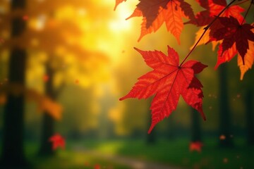 Obraz premium A vibrant red maple leaf floats gently downwards amidst a sea of golden sunlight and green foliage, tree, natural world, maples