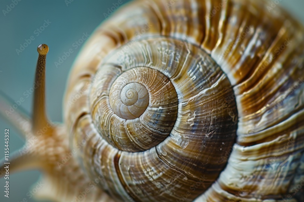 Poster Close-up view of a vibrant brown and orange snail shell resting on a blurred background in a natural setting during daylight hours
