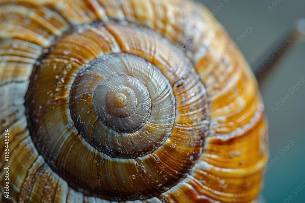 Poster Close-up view of a vibrant brown and orange snail shell resting on a blurred background in a natural setting during daylight hours