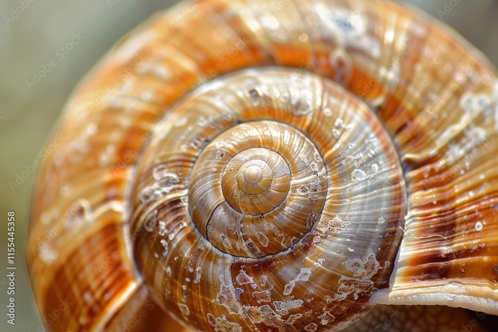 Poster Close-up view of a vibrant brown and orange snail shell resting on a blurred background in a natural setting during daylight hours