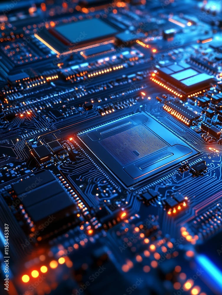 Aufkleber Modern Microprocessor and Circuit Board Design with Illuminated Node Lines : Generative AI