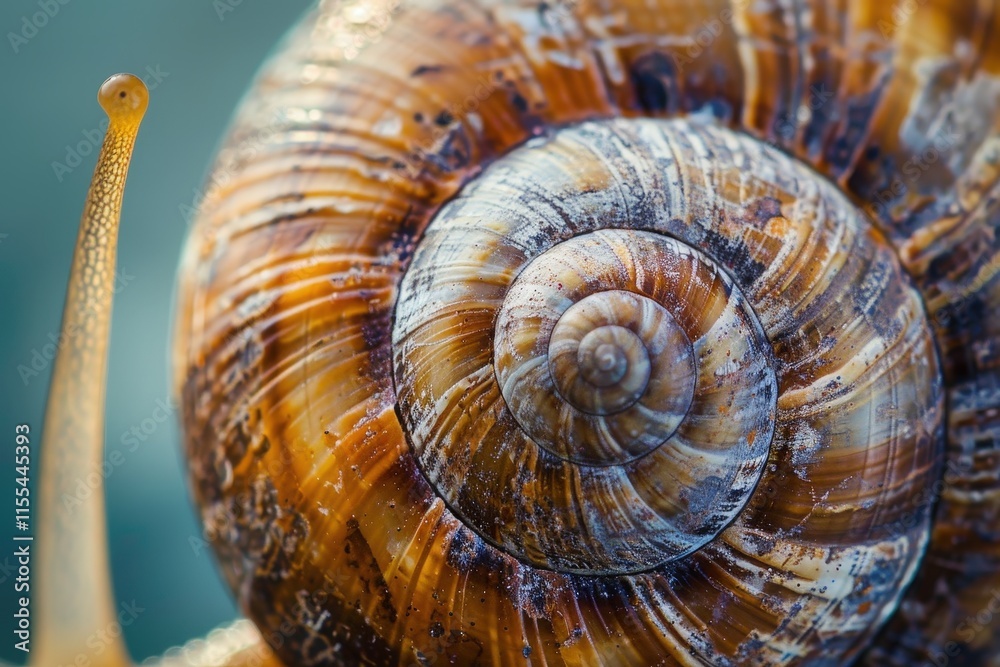 Poster Close-up view of a vibrant brown and orange snail shell resting on a blurred background in a natural setting during daylight hours
