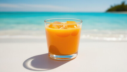 refreshing glass of orange juice with ice cubes sits on white surface, overlooking serene beach with turquoise water and clear blue sky in background