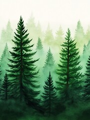 Serene Watercolor Forest Scene with Layers of Green