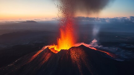 Spectacular Volcanic Eruption with Blazing Lava Fountains Illuminating Twilight Scenery : Generative AI