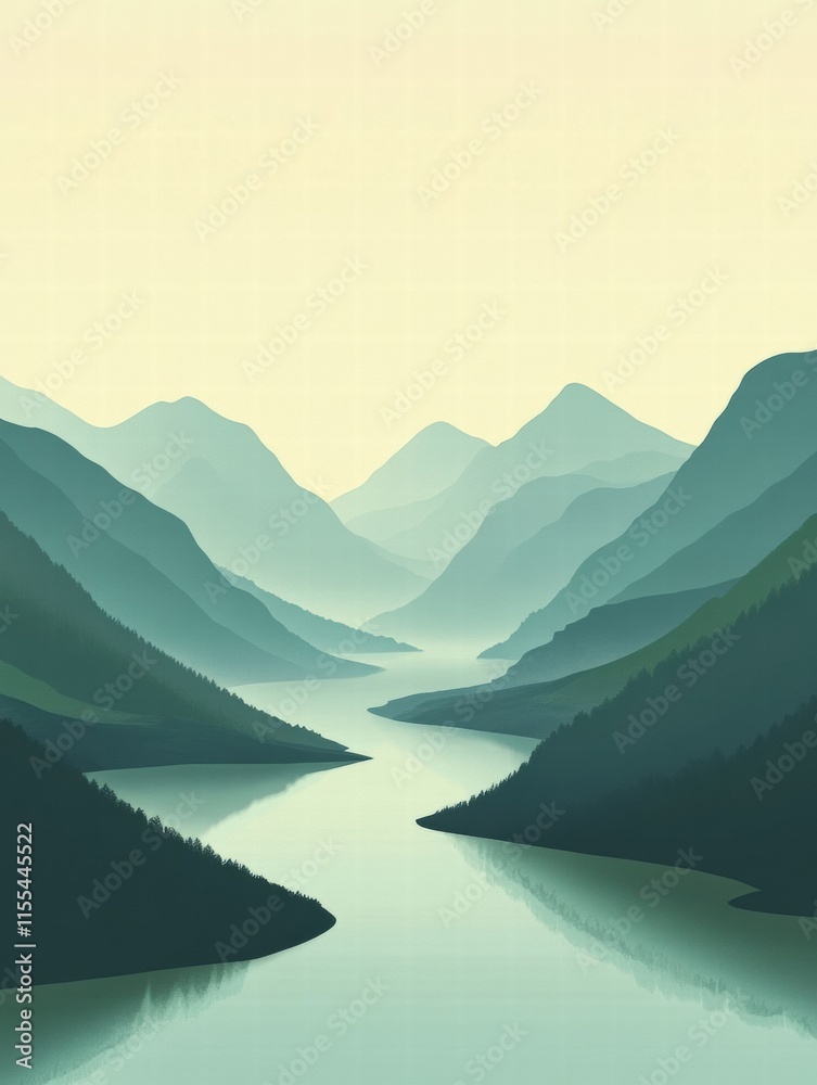 Leinwandbilder winding river through a serene mountain range with space for text and minimalist design. generative 