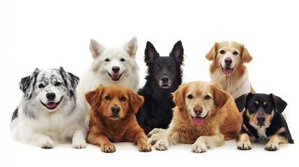 Adorable Group of Seven Dogs Posing on White Background with Happy Expressions : Generative AI