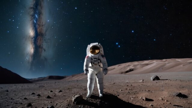 A man in a space suit stands on a rocky surface in front of a large