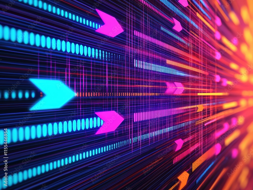 Poster colorful neon arrows moving on digital lines and dots, representing data flow, network connection, a