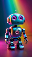 A robot with glowing eyes stands on a colorful background