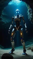 A robot is standing in a cave with water surrounding it