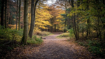 Obraz premium Idyllic Autumn Forest Pathway with Vibrant Foliage and Natural Landscape Serenity : Generative AI