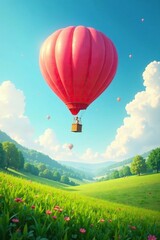 Obraz premium Balloons gently rising above a lush green landscape, balloons ascending, soft breeze