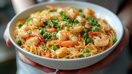 Shrimp fried noodles in white ceramic bowl, hands holding bowl, Asian cuisine, stir-fried yellow noodles, fresh prawns, green peas, diced carrots, appetizing food photography, warm golden tones.