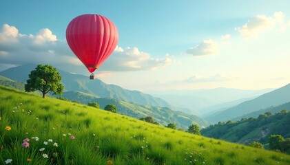 Fototapeta premium Balloons gently rising above a lush green landscape, serene scene, subtle ascent, calming view