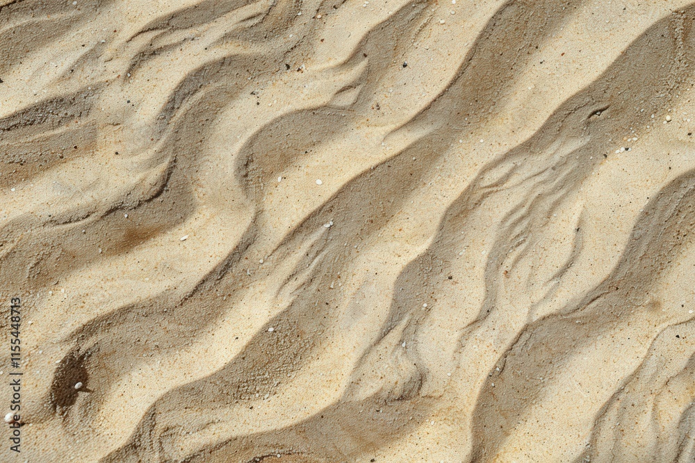 Poster Beautiful patterns on a sandy beach at low tide with gentle waves creating a serene landscape in the sunlight