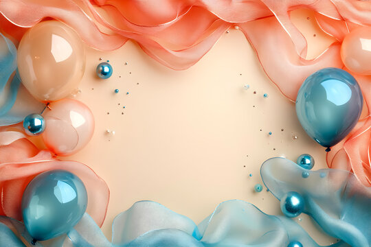 Valentine's day concept: Chic Festive Arrangement with Pastel Balloons, Mesh Ribbons, and Decorative Beads on a Blank Minimalistic Background with copy space