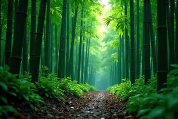Obraz premium Bamboo forest in the rain with water droplets, rain, forest