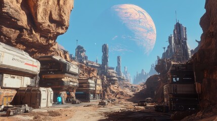 Futuristic Cityscape Nestled in a Canyon with a Giant Planet in the Sky