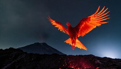 Fiery Red Phoenix Soaring Majestically Above a Volcanic Landscape at Twilight