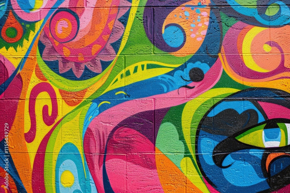Poster Colorful mural showcasing a vibrant owl design with intricate patterns in an urban setting during daylight hours