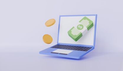 Laptop computer monitor with coin dollar money, banknotes stack