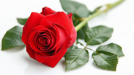 a stunning single red rose on a pristine white background