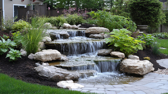 Cascading waterfall in backyard garden.