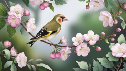 A Eurasian greenfinch perched on a blossoming branch in a serene landscape with artistic flair