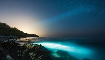 Bioluminescent Shores Emanating Ethereal Glow Beneath Cerulean Twilight Skies