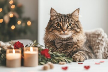 A stylish cat with a bow tie poses among candles and roses, creating a cozy, festive atmosphere with a warm, inviting background.