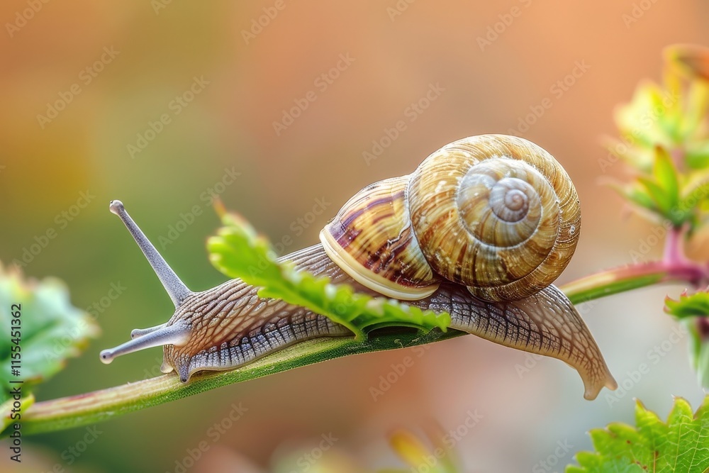 Poster snail slowly traversing a green leaf under warm sunlight in a tranquil garden setting during late af