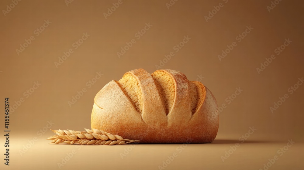 Fototapete Minimalist loaf of bread with wheat grains resting on a neutral background ideal for text placement. Generative AI