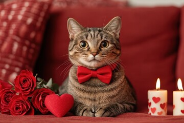 A charming cat with a red bow tie sits amidst roses and candles, exuding a romantic vibe perfect for Valentine's Day.