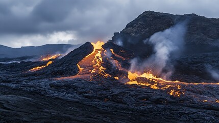 Volcano eruption with fiery lava cascading down rugged landscape : Generative AI