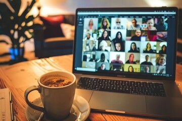 Group video call in a cozy living room setting with warm lighting and a cup of coffee on a wooden table