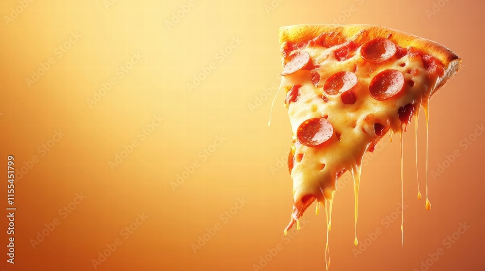 Aufkleber delicious pizza slice with stylized toppings and cheese drips on a minimalist orange background. gen