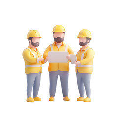 Three workers discussing a project with plans, showcasing teamwork in construction., isolated on a transparent background.