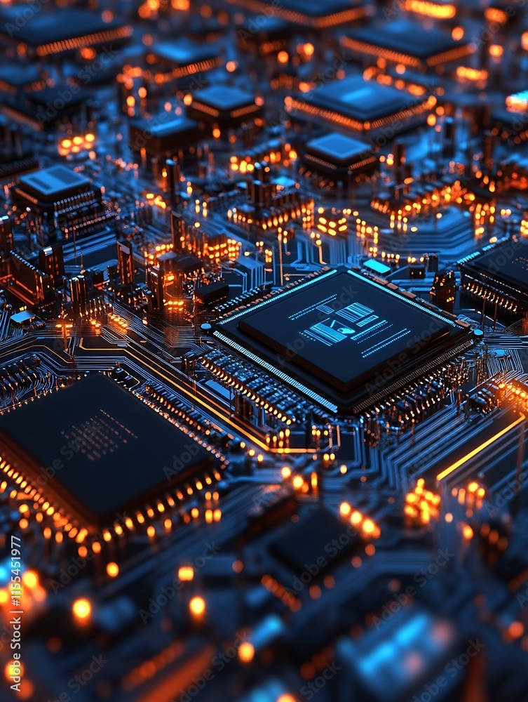 Fototapete futuristic high tech computer circuit board with glowing microchips and golden hues : generative ai