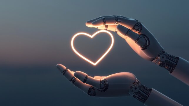 A robot hand holding a heart