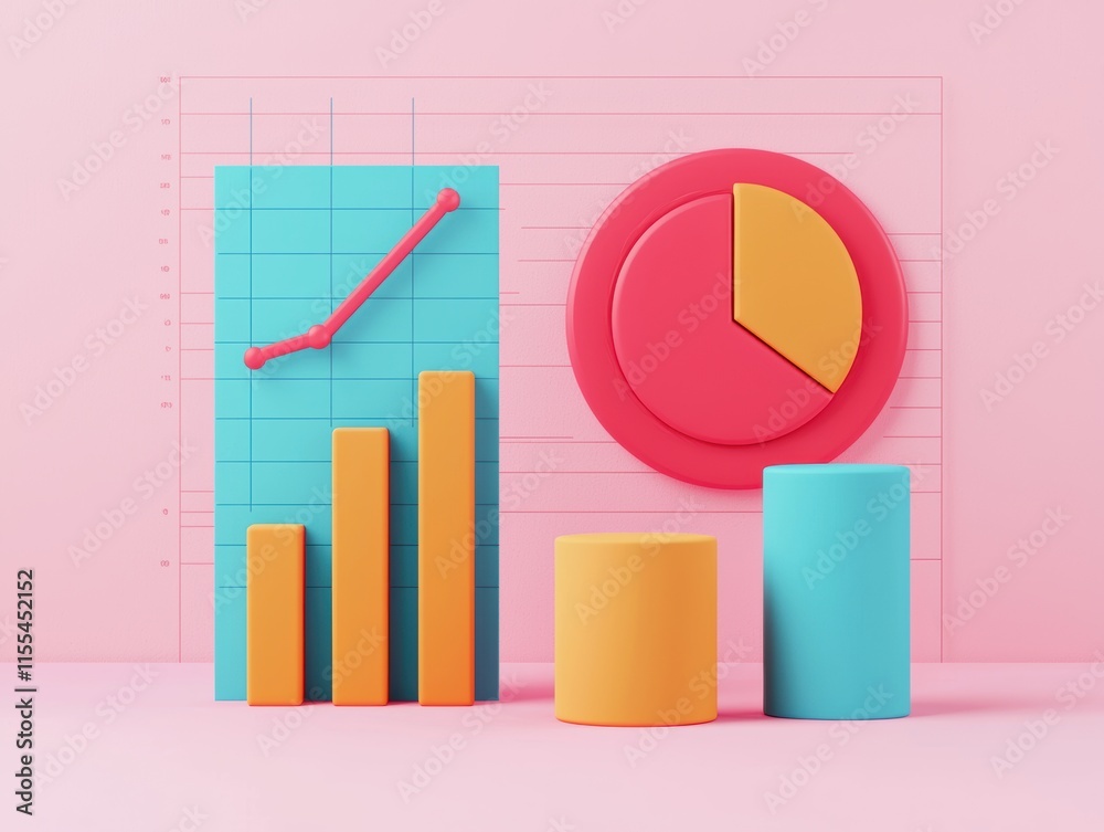 Poster colorful 3d bar graph, pie chart, and cylinders symbolize data analysis, business strategy, and plan